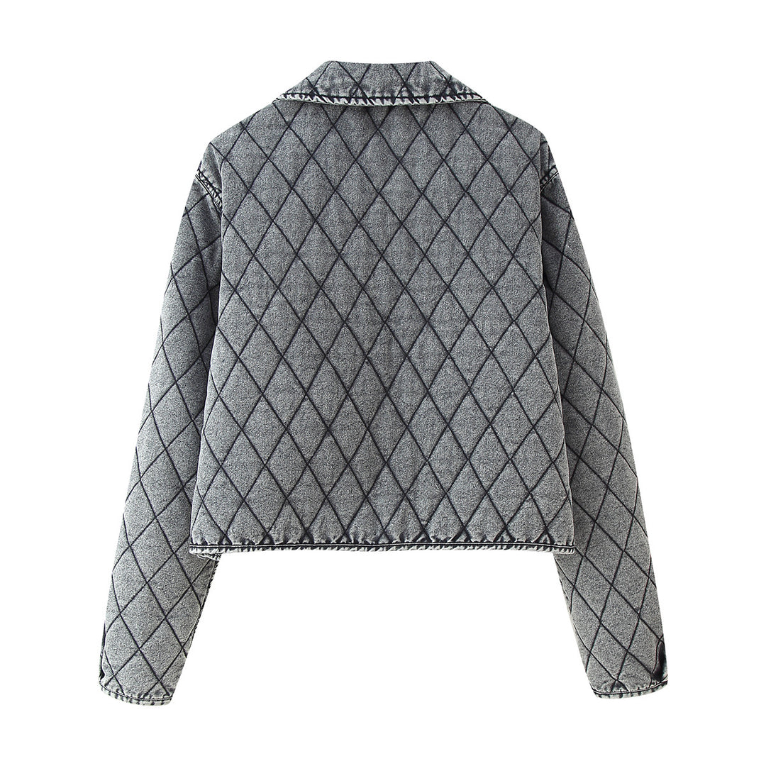 Damen kastige gesteppte Denim‑Optik Kurzjacke mit Rautenmuster und Bindebändern – Célinea