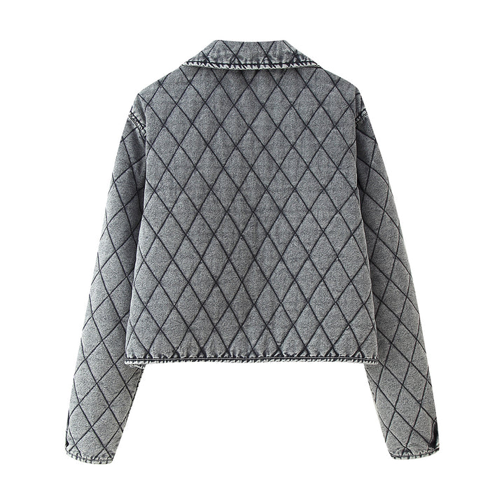 Damen kastige gesteppte Denim‑Optik Kurzjacke mit Rautenmuster und Bindebändern – Célinea