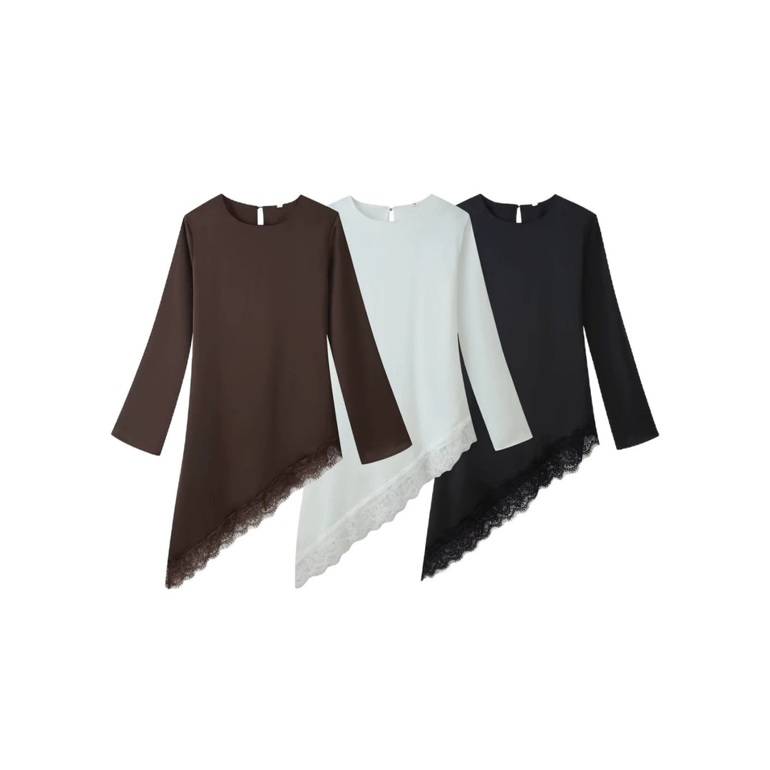 Damen Asymmetrische Tunika mit Spitzensaum und Langarm Echoarchiv