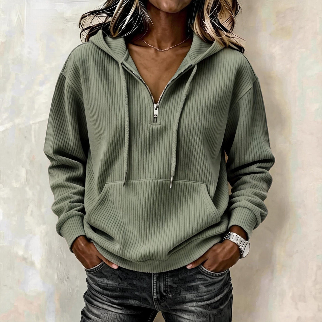 Damen Gestrickter Ripp-Hoodie mit halbem Reißverschluss, Kängurutasche und Oversize-Schnitt Echoarchiv