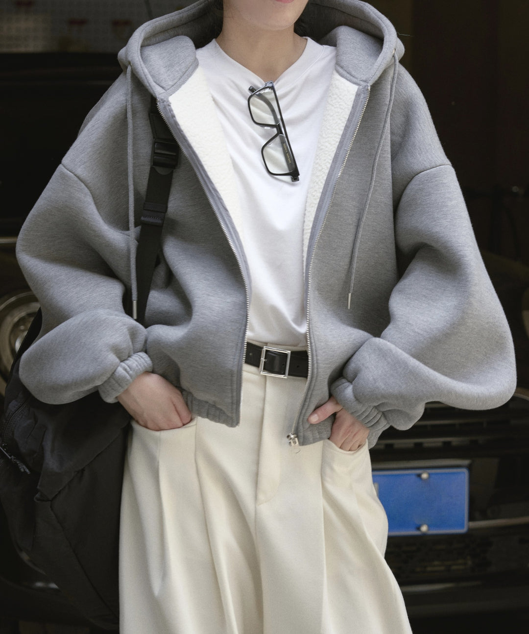 Damen Oversized Kapuzen-Zipjacke mit Teddyfutter und elastischem Saum Echoarchiv