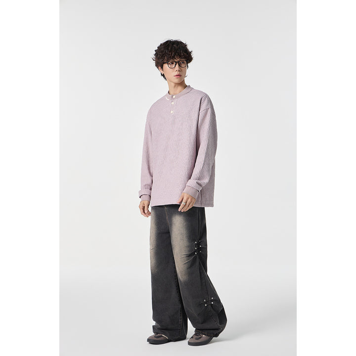 Unisex Gerippter Oversize-Henley-Pullover mit Knopfleiste Echoarchiv