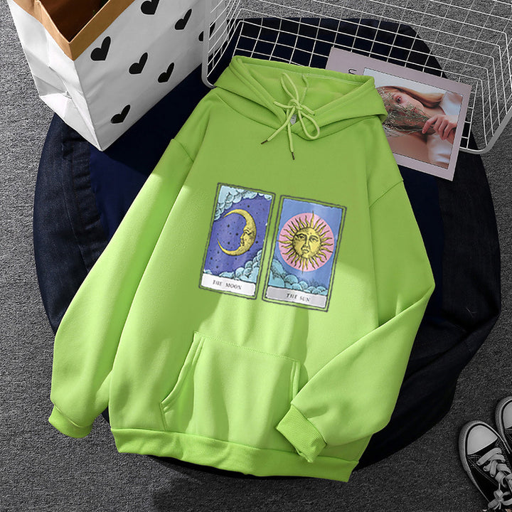 Damen leichter Oversize Kapuzenpullover mit Herz‑EKG‑Motiv, langen Kordeln und elastischem Bund – Auréline