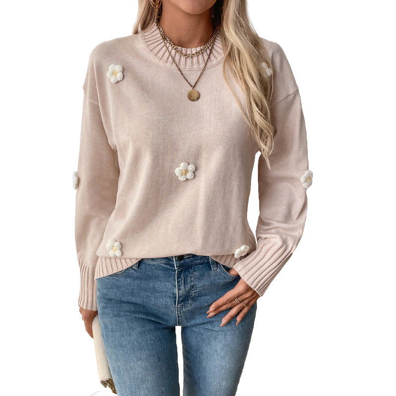 Damen Lässiger Rundhals-Pullover mit 3D-Blüten-Applikationen und gerippten Bündchen Echoarchiv