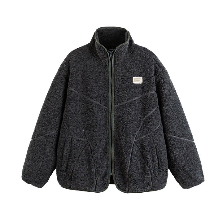 Unisex Teddy-Fleece-Blousonjacke mit Stehkragen und geometrischer Nahtführung Echoarchiv
