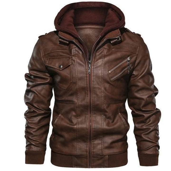 Herren Lederoptik-Utility-Jacke mit Kapuze, Reißverschlusstaschen und Rippbündchen – Taviero