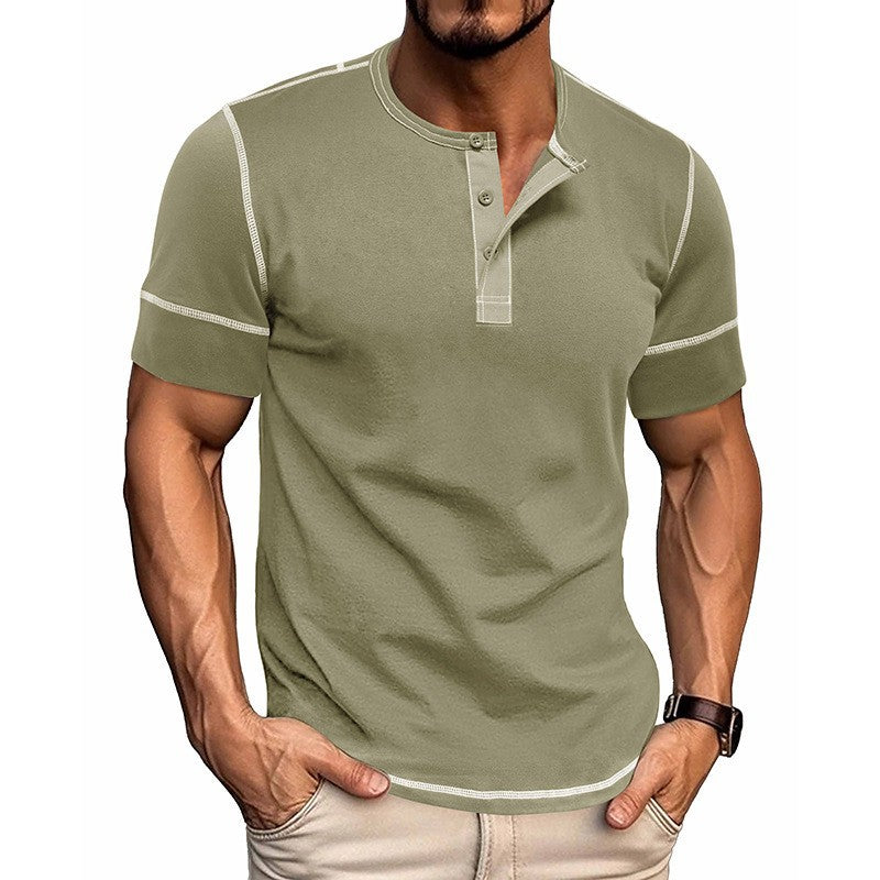 Herren Kurzarm Hemd mit modernem Henley-Kragen und stilvollen Kontrastnähten Echoarchiv