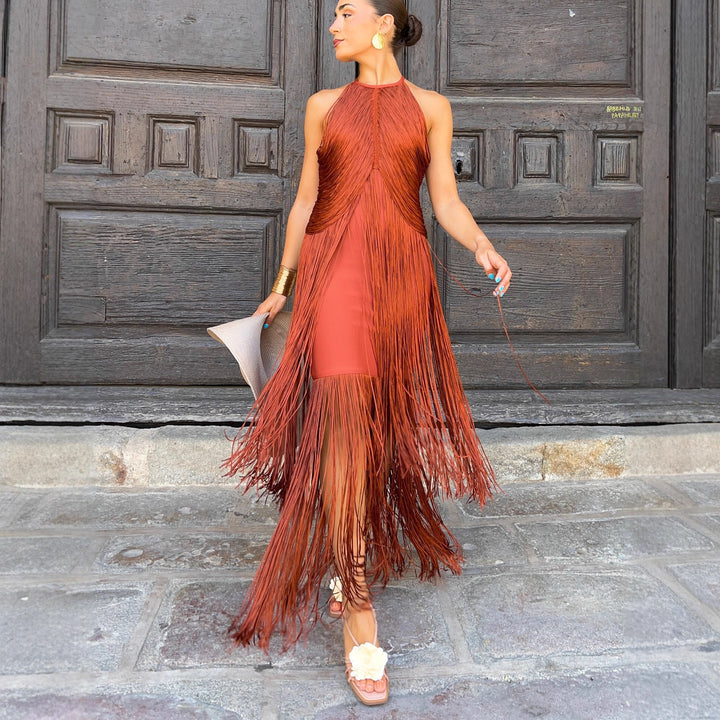 Damen Fransen Maxikleid mit elegantem Schnitt und fließendem Design Echo Archiv