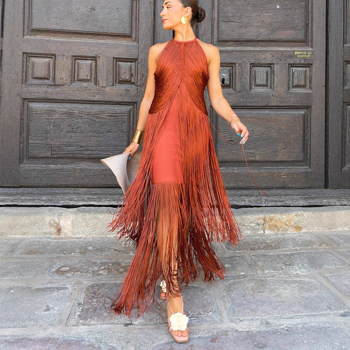 Damen Fransen Maxikleid mit elegantem Schnitt und fließendem Design Echoarchiv