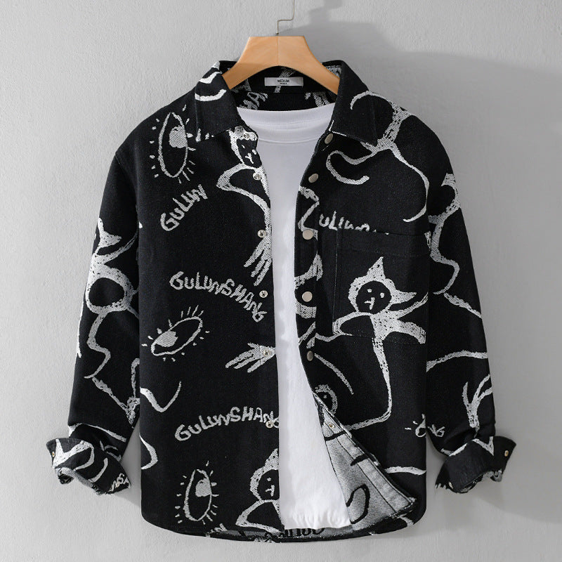 Herren Overshirt mit grafischem Doodle‑Print, Druckknopfverschluss und Brusttasche Echoarchiv
