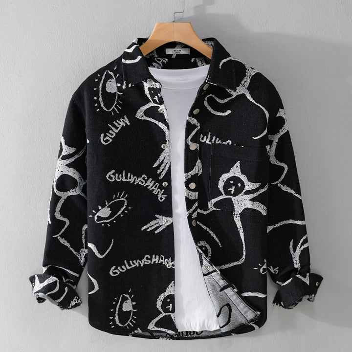Herren Overshirt mit grafischem Doodle‑Print, Druckknopfverschluss und Brusttasche Echoarchiv