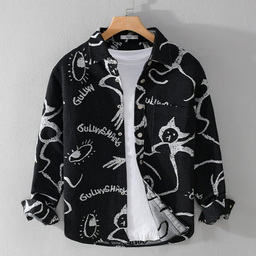 Herren Overshirt mit grafischem Doodle‑Print, Druckknopfverschluss und Brusttasche Echoarchiv