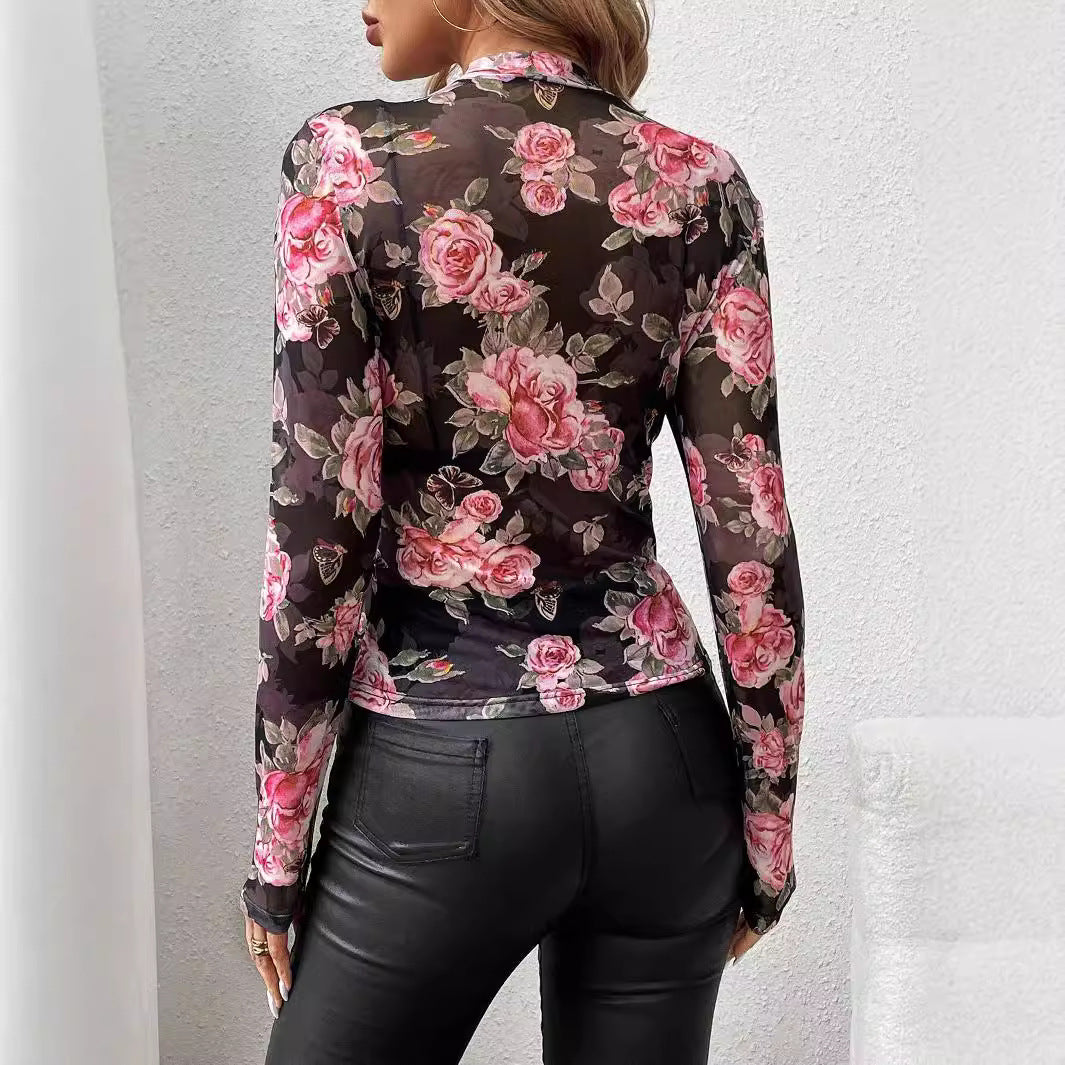Damen nan transparentes figurbetontes Langarmshirt mit floralem Rosendruck und Stehkragen Echo Archiv