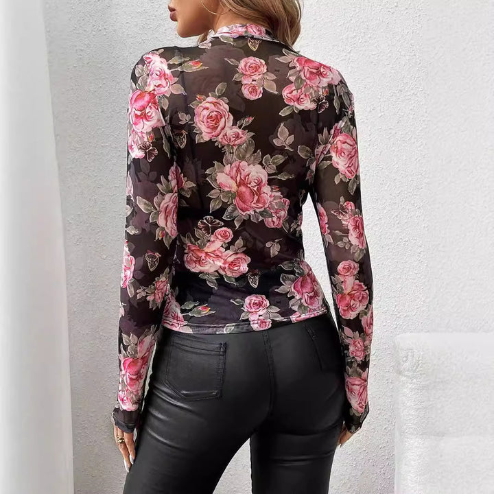 Damen nan transparentes figurbetontes Langarmshirt mit floralem Rosendruck und Stehkragen Echo Archiv