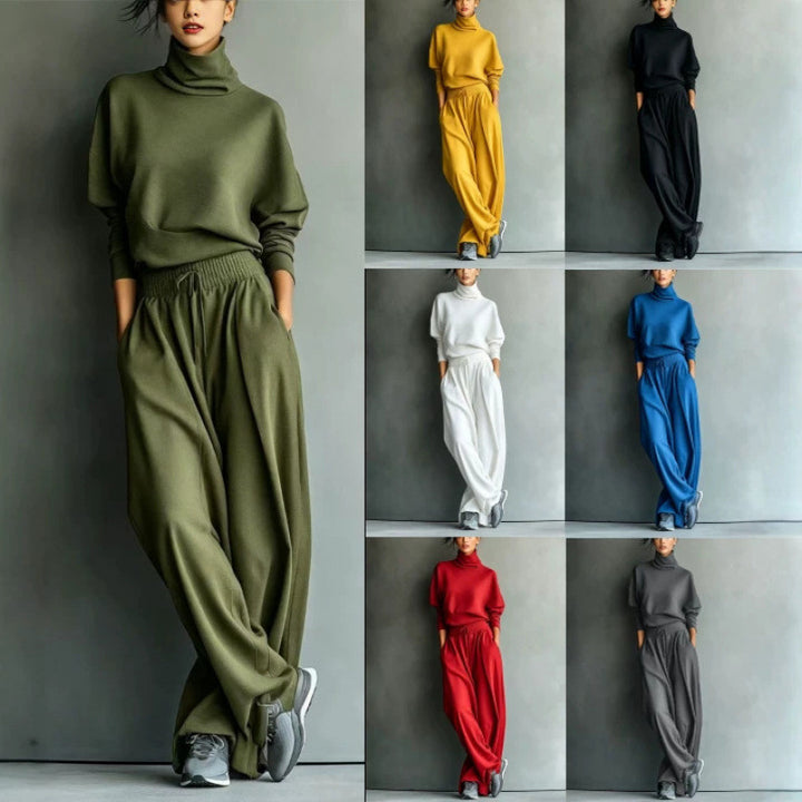 Damen Strick-Loungewear-Set mit Rollkragen und weiten Palazzo-Hosen – Élanora