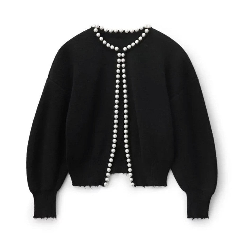Damen Perlenverzierter Feinstrick-Cardigan mit Ballonärmeln – Veloura