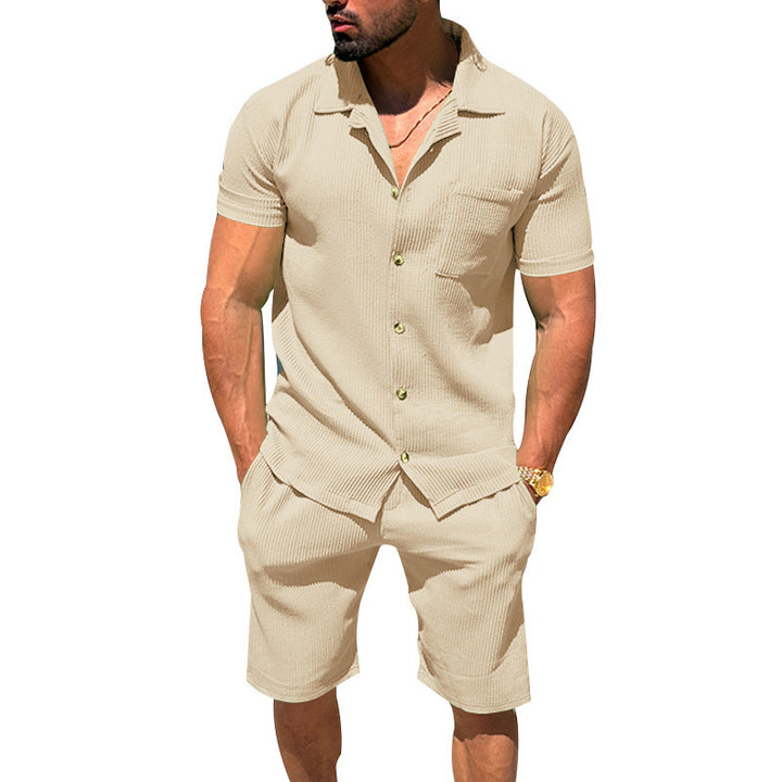 Herren lässiges Kurzarmhemd und Bermuda-Shorts Set mit strukturiertem Design Echoarchiv