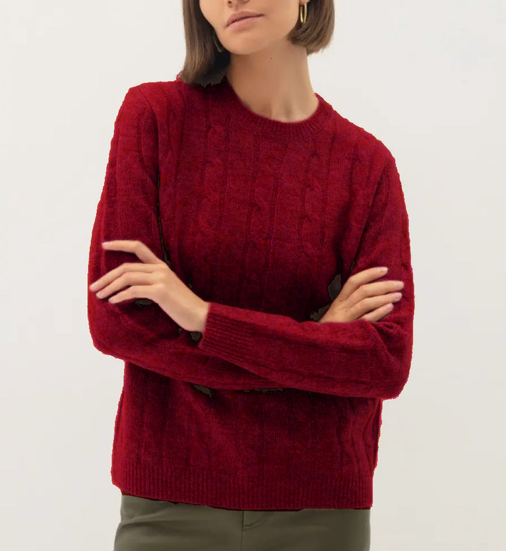 Damen Kabelstruktur‑Pullover im Zopfstrick mit Rundhalsausschnitt und nachhaltig weicher Wollmischung – Mavelle