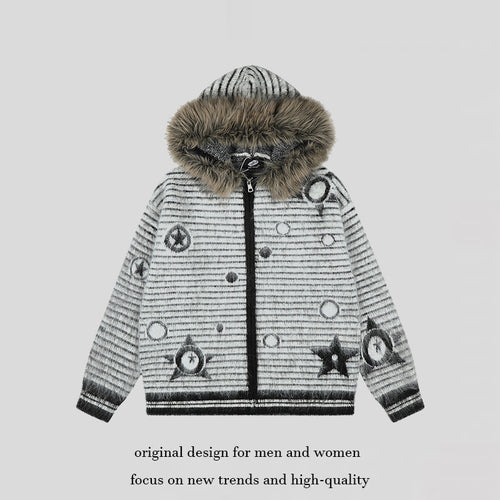Damen Kapuzen-Strickjacke mit Fellbesatz, gestreifter Mohair‑Optik und Sternapplikationen Echoarchiv