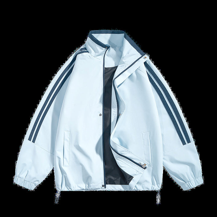 Unisex oversized retro athletic shell jacket with stand collar and dual sleeve stripes – Taviero