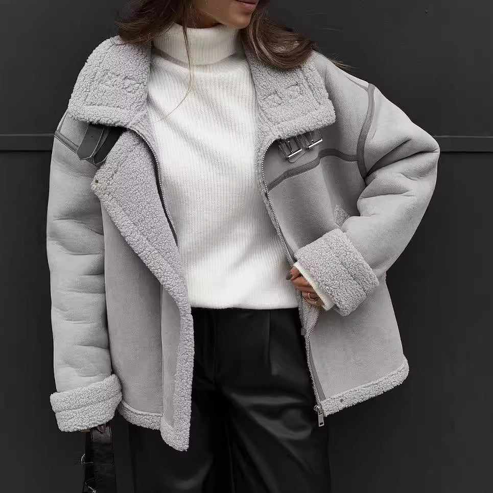 Damen Weit geschnittene Lammfellimitat-Fliegerjacke mit Kunstfellfutter Echoarchiv
