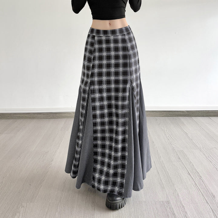 Damen Maxirock mit taillierter Passform, kontrastierenden Karopaneelen und ausgestellter Godet-Silhouette – Rosévia