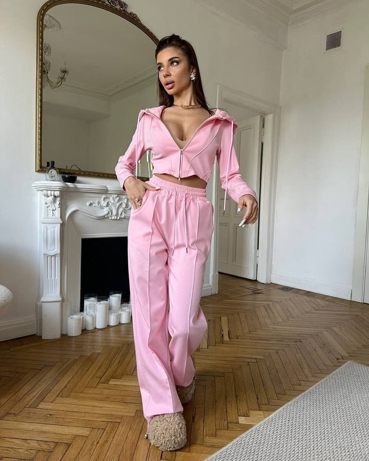 Damen tailliertes Cropped-Kapuzensweatshirt mit verdecktem Reißverschluss und High-Waist Wide-Leg Jogginghose Set – Auréline