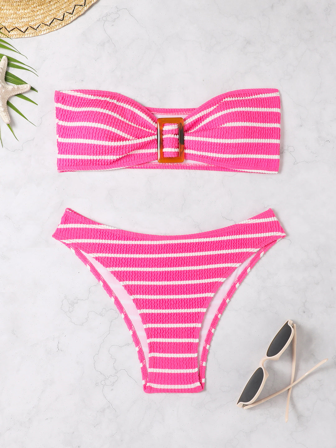 Damen Bandeau-Bikini mit modischem Streifenmuster und dekorativer Schnalle Echo Archiv