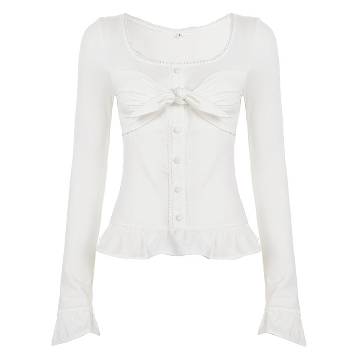 Damen Tailliertes Langarm-Cropped-Top mit Zierschleife, Knopfleiste und Volantbund Echo Archiv