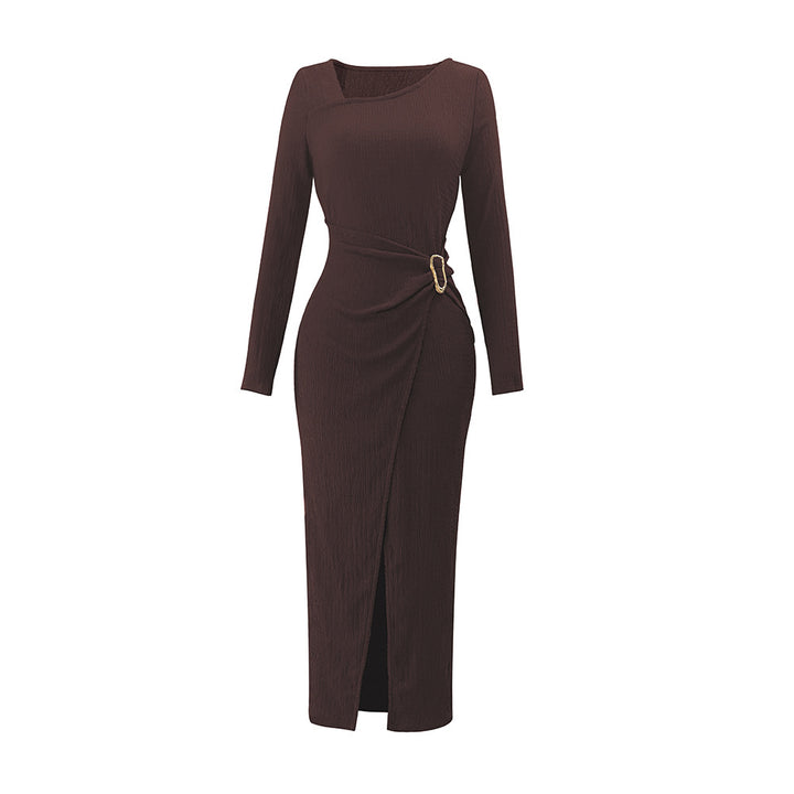 Damen asymmetrisches Wickel-Midikleid mit Ziergürtel, Drapierung und hohem Beinschlitz – Élara