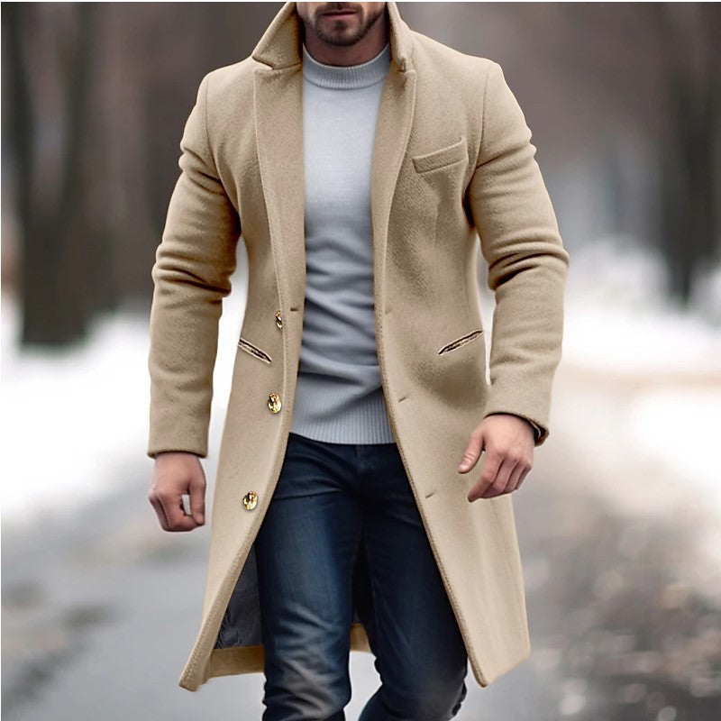 Herren eleganter Wollmantel mit schmalem Schnitt und goldenen Knöpfen Echoarchiv