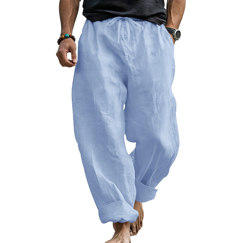 Herren Locker geschnittene Leinen-Loungehose mit Kordelzug, Umschlagsaum und Taschen – Sorevano
