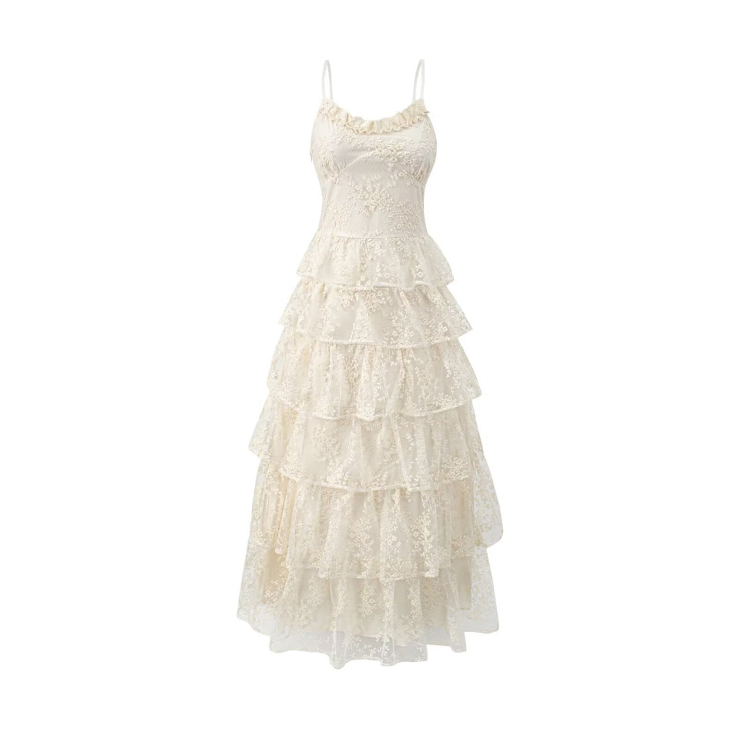 Damen romantisches Spitzenmaxikleid mit voluminösen Rüschenschichten Echo Archiv
