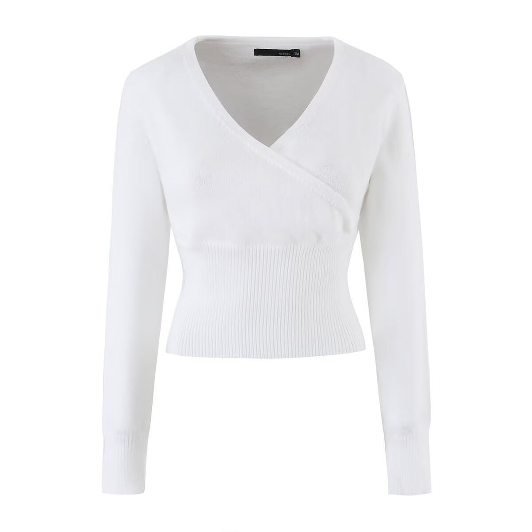 Damen Feines Wickel-Stricktop mit tailliertem Rippbund Echo Archiv
