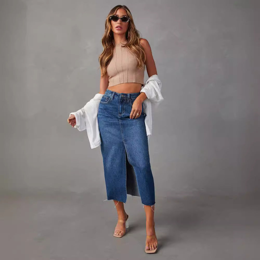 Damen nan hochgeschnittener Midi-Jeansrock mit mittigem Frontschlitz und rohem Saum Echo Archiv