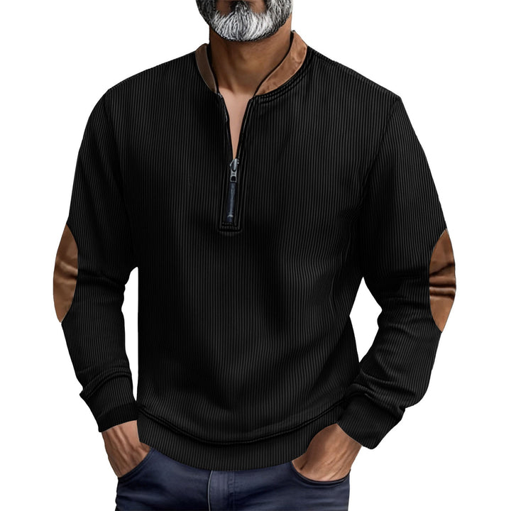 Herren eleganter Pullover mit Stehkragen und modischen Ledereinsätzen Echoarchiv