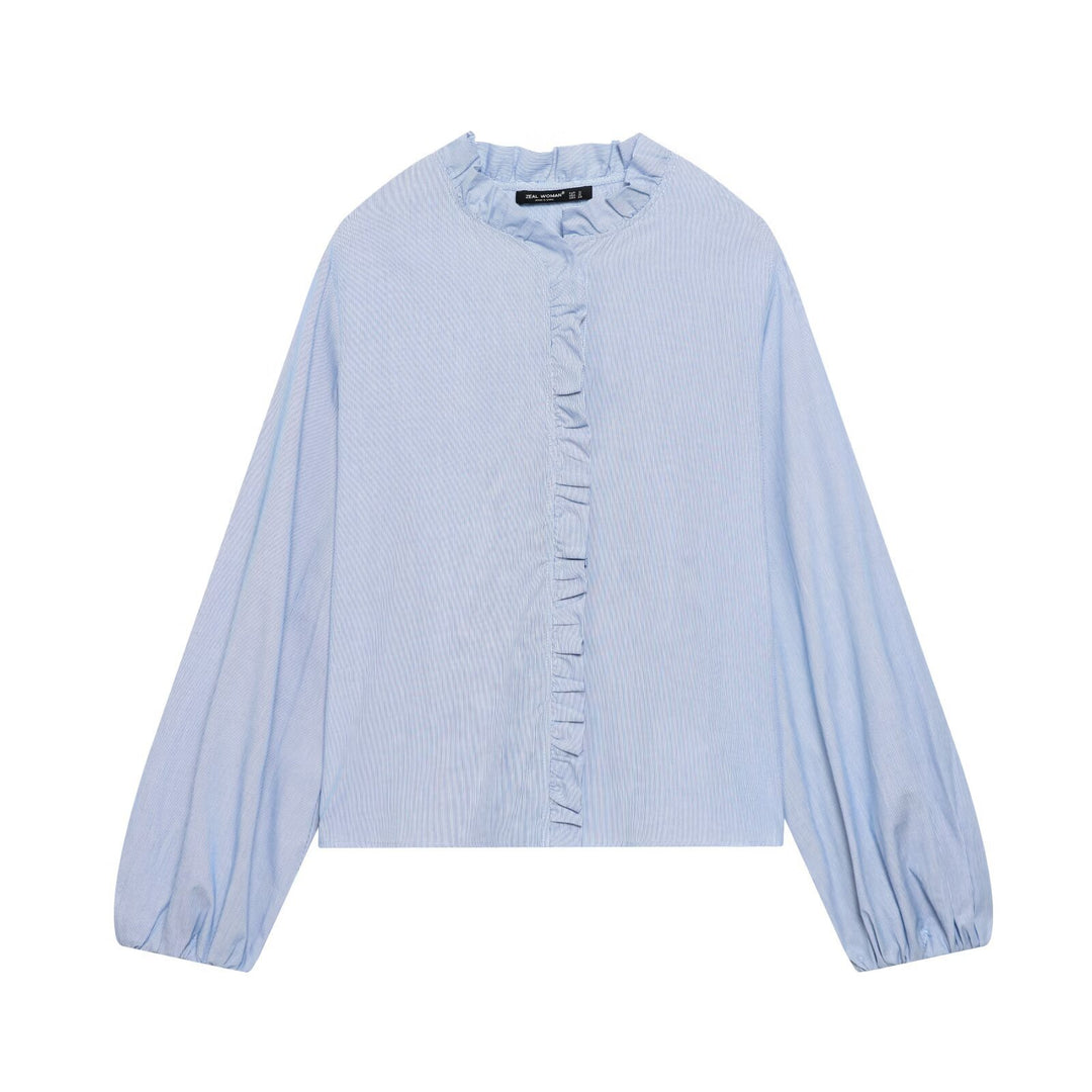 Damen Gestreifte Cropped-Bluse mit Rüschendetail und Ballonärmeln Echoarchiv