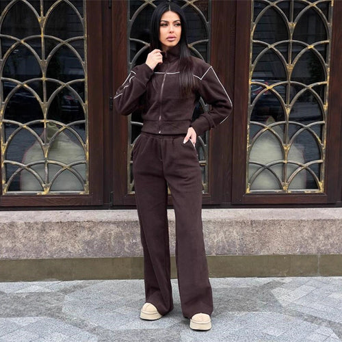 Damen Kurzgeschnittenes Zip-Oberteil mit lockerfallender High-Waist-Loungehose – Auréline