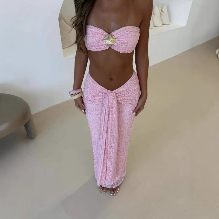 Damen Kleidungsset aus feiner Spitze und elegantem Wickelsaum Echo Archiv