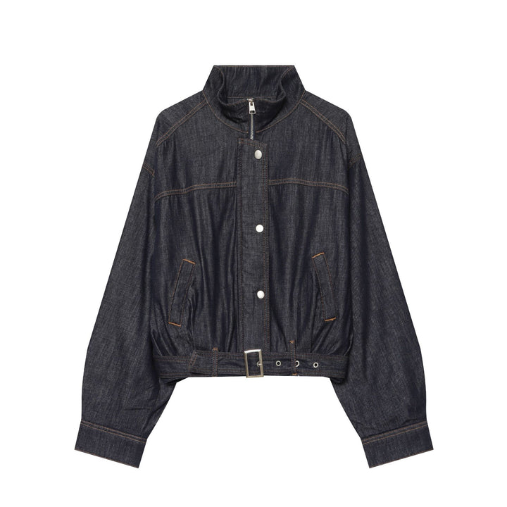 Damen Cropped Jeansjacke mit Stehkragen, Taillengürtel und elastischem Saum Echo Archiv
