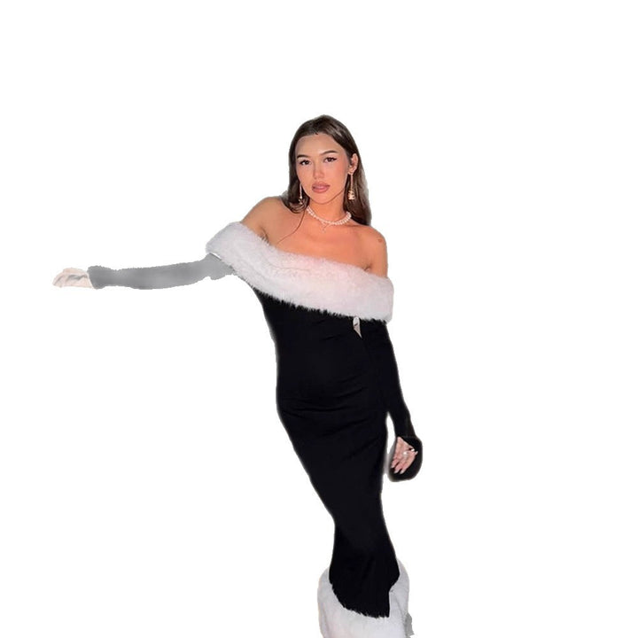Damen figurbetontes Off-Shoulder-Midikleid mit Kunstpelzbesatz an Ausschnitt und Saum Echoarchiv