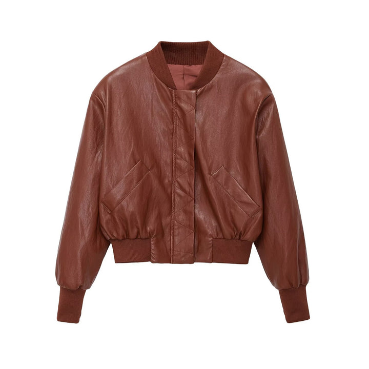 Damen Oversized Lederimitat-Bomberjacke mit Rippbündchen und aufgesetzten Taschen Echo Archiv