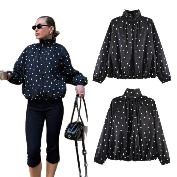 Damen Gepunktete leichte Bomberjacke mit Stehkragen, Reißverschluss und elastischem Saum Echo Archiv