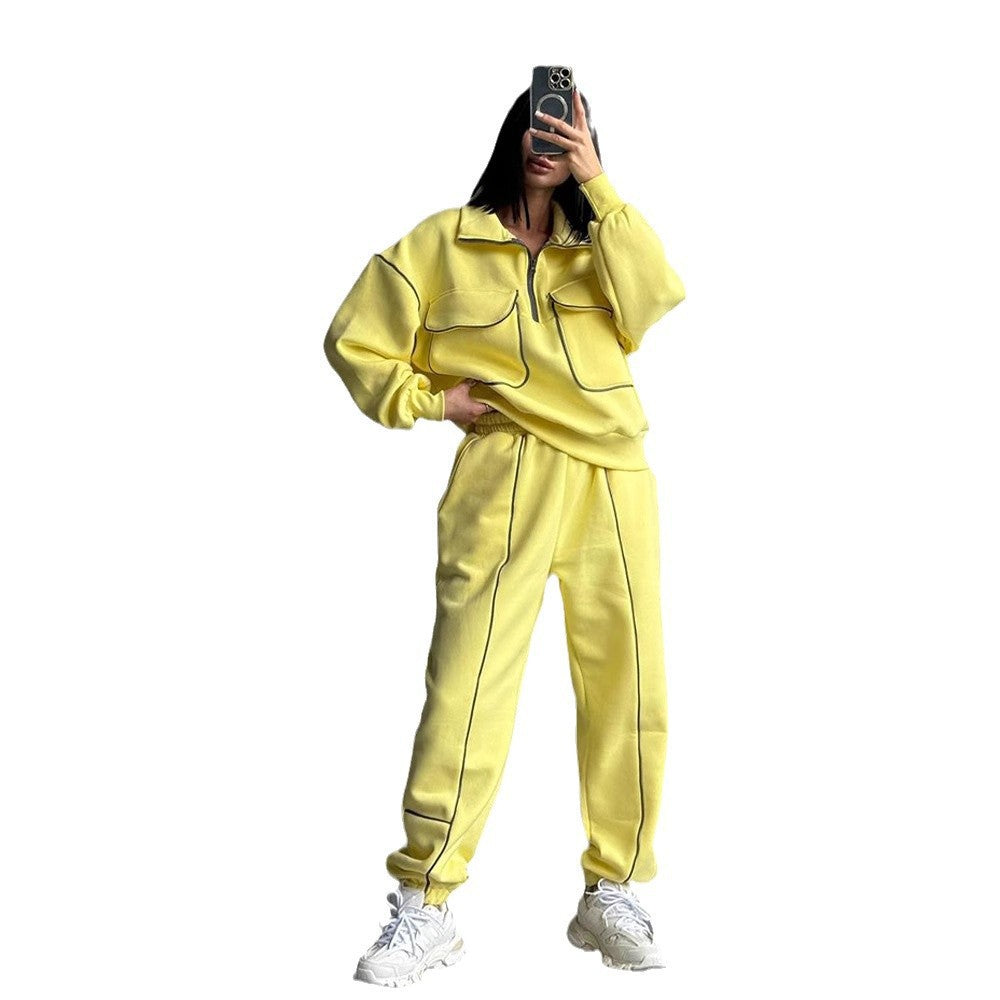 Damen nan Oversize Halbzip-Sweatshirt mit aufgesetzten Klappentaschen und Kontrastpaspeln Echo Archiv