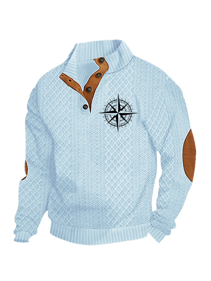Herren nan Heritage-Strukturpullover mit Stehkragen Lederimitat-Besatz Ellenbogen-Patches und Halbknopfleiste Echo Archiv