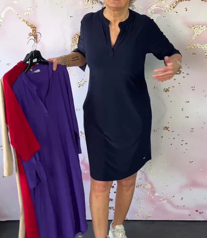 Damen nan legeres knielanges Shiftkleid aus elastischem Jersey mit Stehkragen und V-Ausschnitt Echo Archiv
