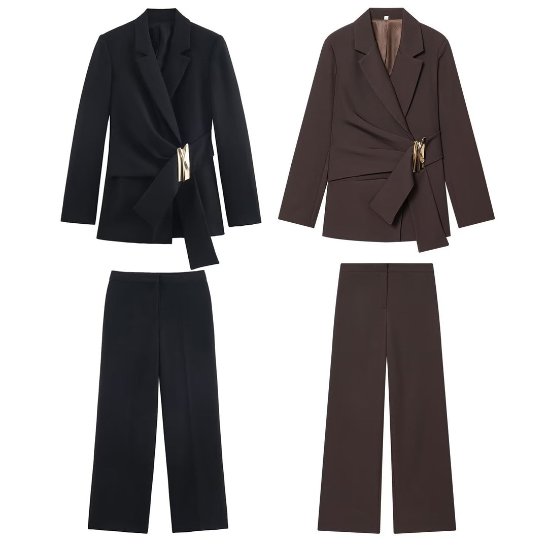 Damen Zweiteiliges Wickelblazer- und Palazzo-Anzugset mit Ziergürtel Echo Archiv