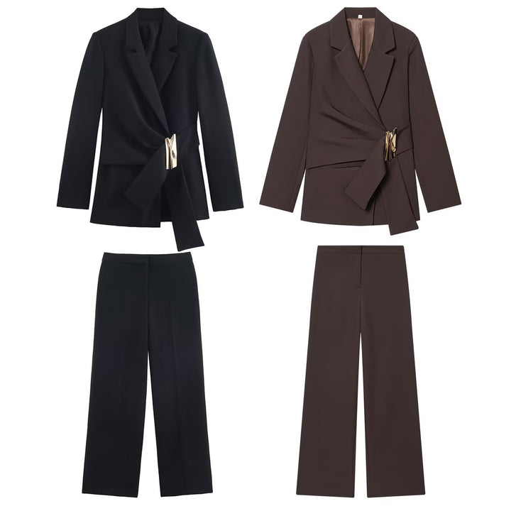 Damen Zweiteiliges Wickelblazer- und Palazzo-Anzugset mit Ziergürtel Echo Archiv