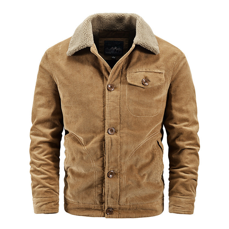 Herren Cord-Truckerjacke mit wärmendem Sherpa-Kragen und Holzknopffront – Taviero
