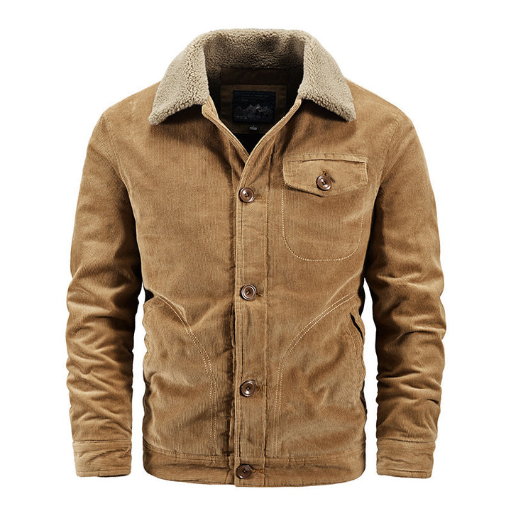 Herren Cord-Truckerjacke mit wärmendem Sherpa-Kragen und Holzknopffront – Taviero